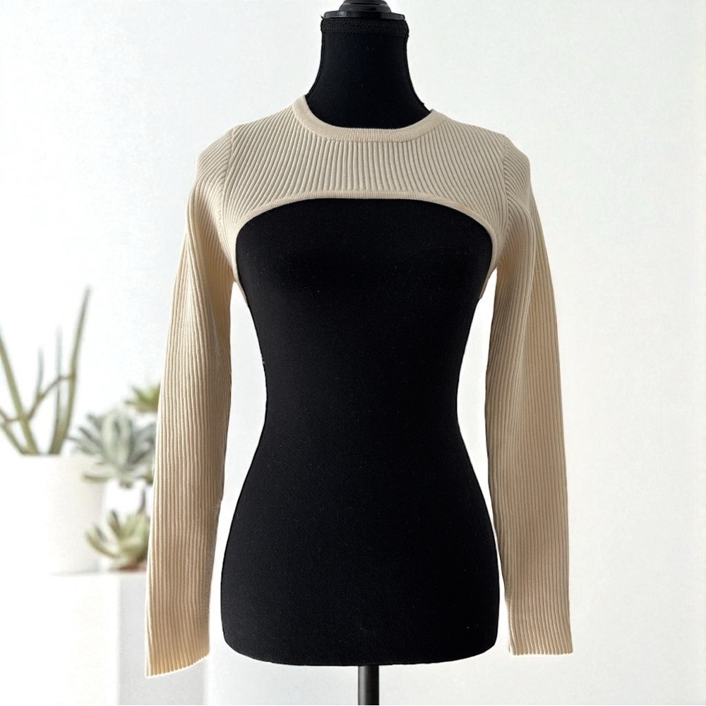 Re_Styld Cream Ribbed Long Sleeve Over-Shirt Top, Size 2 - Picture 5 of 10